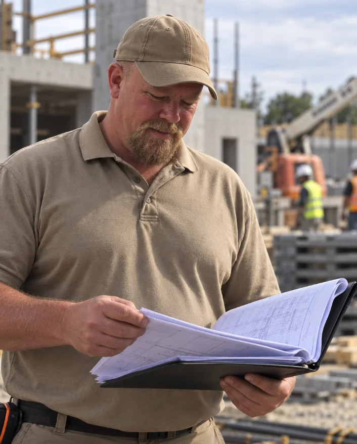 Hank reviewing construction drawings on site